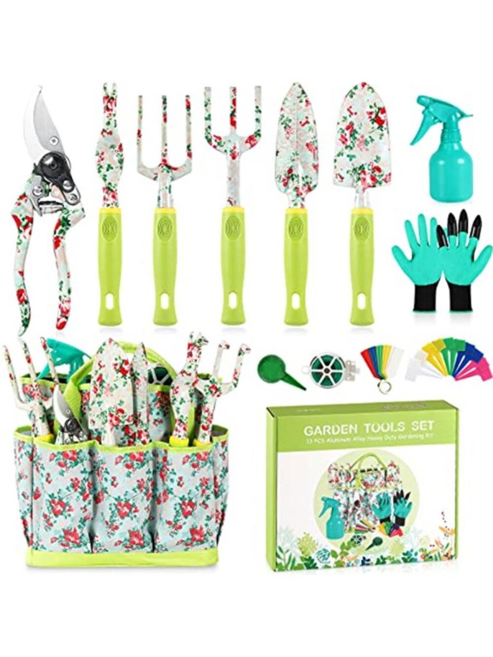 13 Piece Garden Tool Set Heavy Duty Gardening Kit Tote Bag Gloves Floral Green